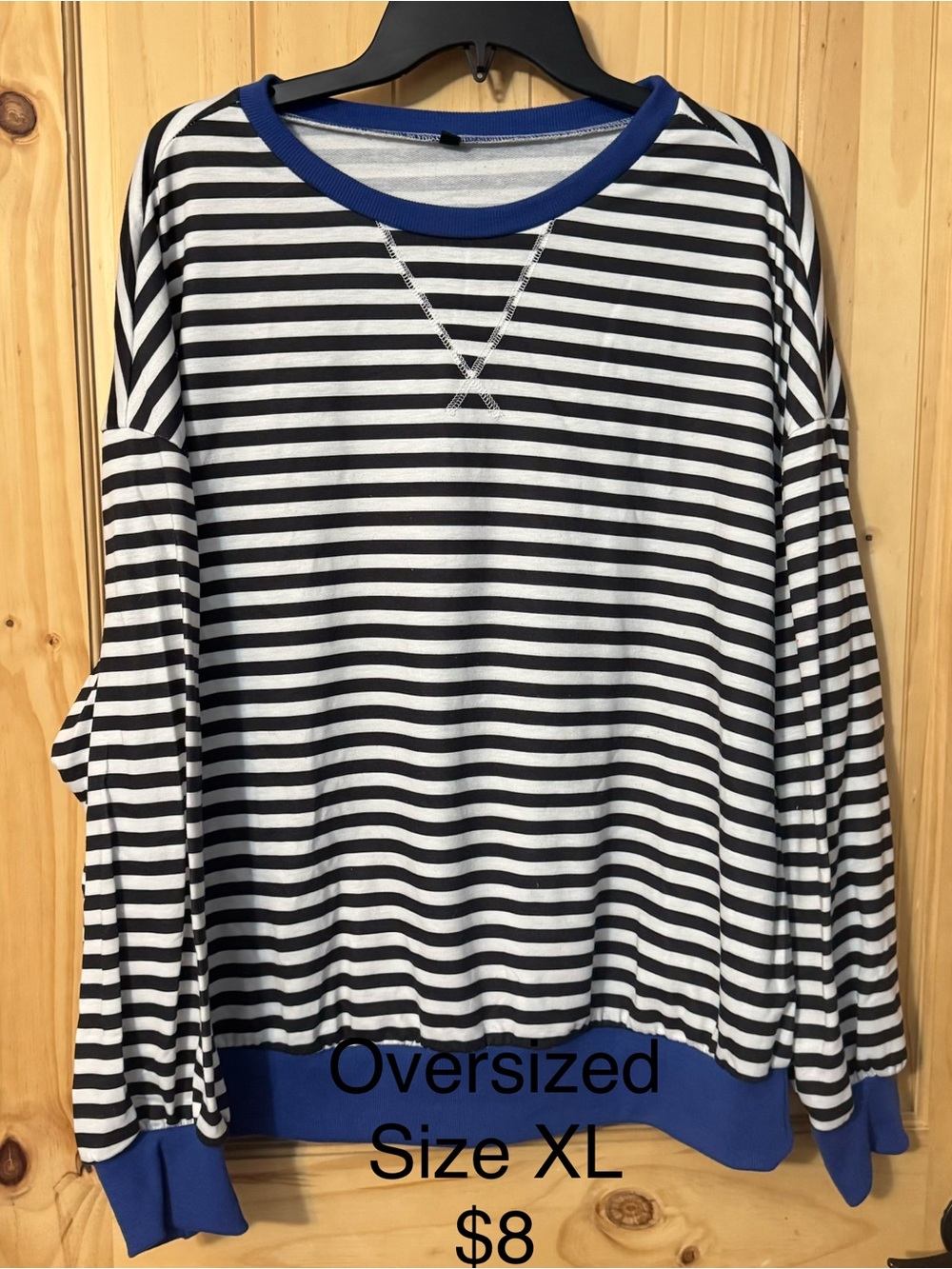 Source Unknown Black & White Striped Oversized Sweatshirt with Blue Trim